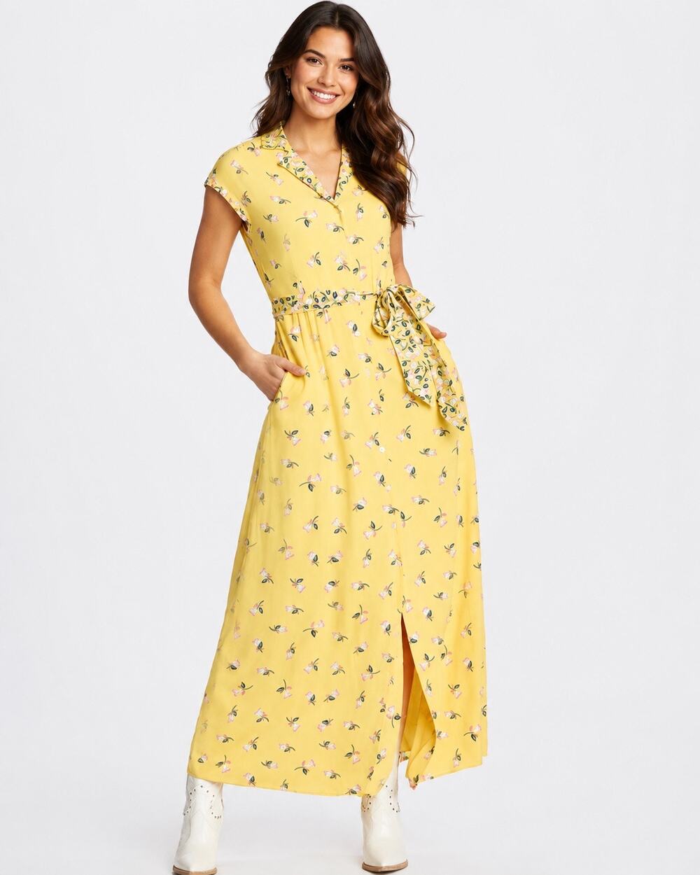 Draper James Yellow Floral Maxi Shirt Dress Belted Pockets Garden Party Medium
